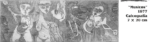 « Musicos », 1977, Calcografía, 7 × 20 cm, calcographie de Léonel Lopez-Nussa : un groupe de musiciens gravé au trait