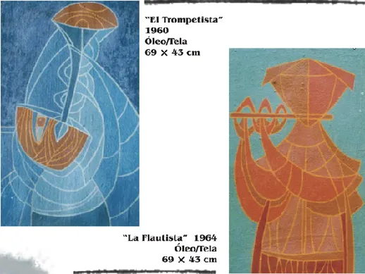 « El Trompetista », 1960, Óleo/Tela, 69 × 43 cm et « La Flautista », 1964, Óleo/Tela, 69 × 43 cm, huiles sur toile de Léonel Lopez-Nussa, peintre et critique d’art cubain